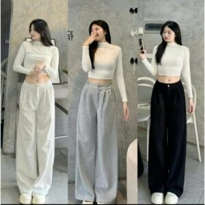 Hottrend Quần nỉ 2Da dáng suông ống rộng dày dặn, cạp chun, khóa kéo, có 4 túi dáng ngắn ~92cm,dáng...