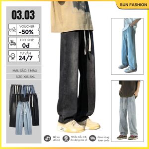 Quần jean nam nữ ống rộng bigsize SUN 09 quần jean cạp chun phong cách hàn quốc unisex