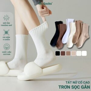 Tất nữ cố cao Mr. Socks mẫu sọc gân, vớ cố cao trơn màu chất vải co giãn 4 chiều, dày dặn thoáng khí - O...