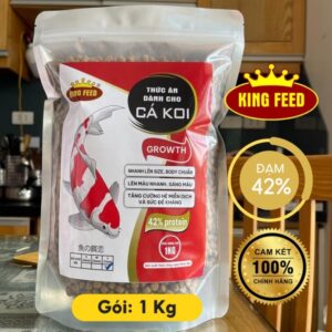 Cám cá Koi King Feed 42% đạm TOPKANET tang size mạnh lên màu chuân không váng dâu túi 1kg