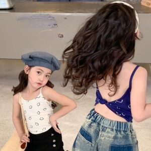 Áo Croptop Hai Dây In Hình Mặt Cười Chất Liệu Cotton Thời Trang Mùa Hè Cho Bé Gái