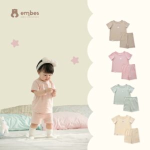 Bộ Cộc Tay Cho Bé Gái Embes, Bộ Thun Cộc Hoạ Tiết Chấm Bi Chất Cotton Thoáng Mát Size Từ 8-18Kg