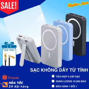 Sạc Dự Phòng Không Dây 10000mAh, Pin Dự Phòng Tích Hợp 2 Dây Sạc, Sạc Siêu Nhanh, Pin Lithium, Nam Châm...