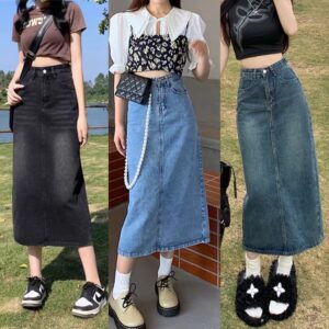 Chân Váy jean Dài Cạp Cao Dáng Suông Dài Thanh Lịch BigSize 55-90kg Rẻ Đẹp Xẻ Sau Phom chữ A fom dài..
